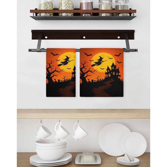 Kitchen Dish Towels Waffle Weave, Halloween Witch Haunted Castle Soft Absorbent Dish Cloths Quick Drying Microfiber Hand Towels 2 Pack, Tea Towel Kitchen Towels Set
