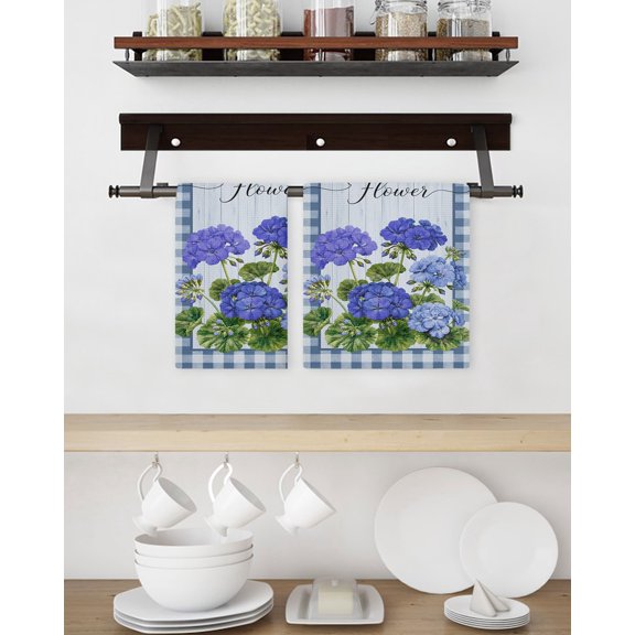 Kitchen Dish Towels Waffle Weave, Pastoral Blue Geranium Green Leaf Soft Absorbent Dish Cloths Quick Drying Microfiber Hand Towels 2 Pack, Tea Towel Kitchen Towels Set