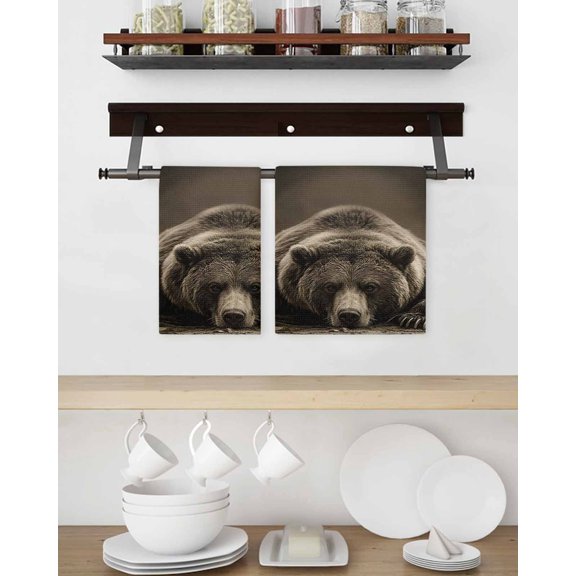 Kitchen Dish Towels Waffle Weave, Rustic Brown Grizzly Bear Soft Absorbent Dish Cloths Quick Drying Microfiber Hand Towels 2 Pack, Tea Towel Kitchen Towels Set