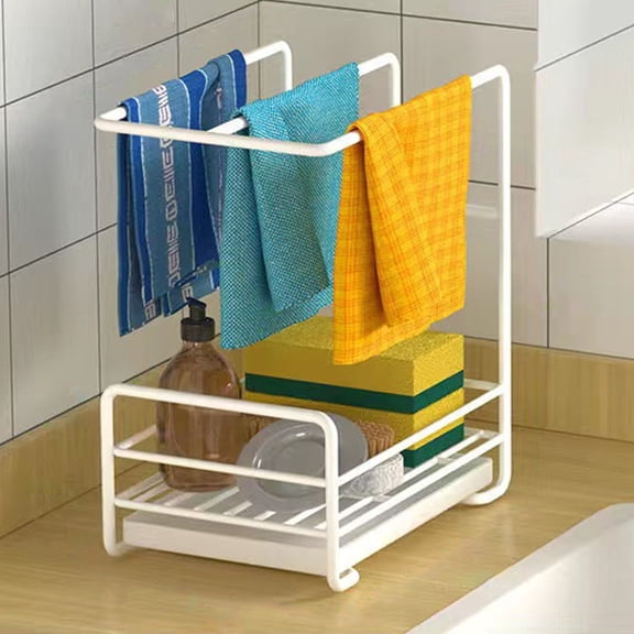 Kitchen Dishcloth Storage Rack Wall Mounted,Non-Perforated Cloth and Towel Holder with Drainage Base,Stainless Steel Organizer for Dishcloth Pot Brush Soap and Countertop Supplies-White