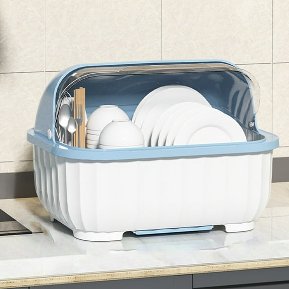 Kitchen Dishware Organizer Adjustable Rack with Drainage for Plates Bowls and Cutlery, Space-Saving Storage Box with Lid, Keeps Tableware Neatly Organized for Kitchen Countertop Cabinet Storage