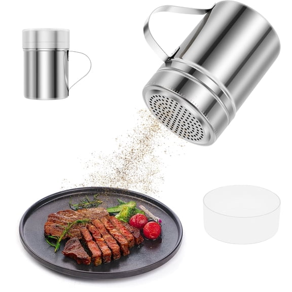Fkszll 13oz Spice Shaker with Handle, Stainless Steel Salt and Pepper Dredge Shaker with Moisture Proof Lid, Metal Seasoning Dispenser for Outdoor BBQ Cooking, Popcorn Salt, Flour, Cinnamon, 1 Count