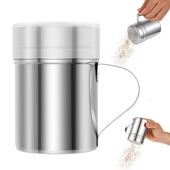 Stainless Steel Spice Shaker With Handle Metal Salt Pepper Dredge Shaker with Small Holes and Lids - Flour Cinnamon Powder Starch Dispenser