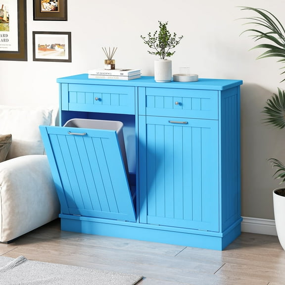 Kitchen Double Trash Cabinet Tilt Out Free Standing Storage Can with Hideaway Drawer and Countertop, Wood, Light Blue