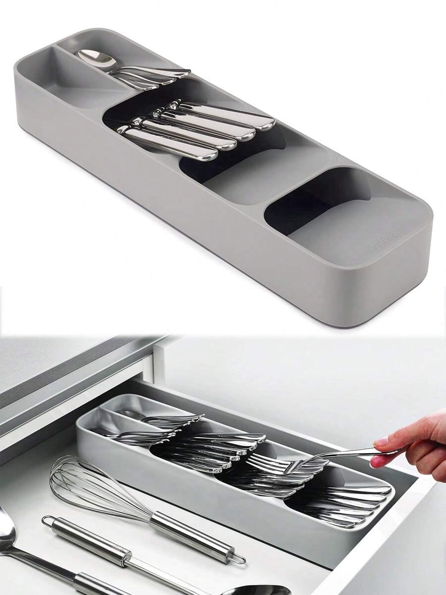 Kitchen Drawer Cutlery Organizer and Compact Space Saving Tray for Flatware, Silverware, and Utensils, Stackable Drawer Store Divider for Kitchen Organization and Storage, Gray