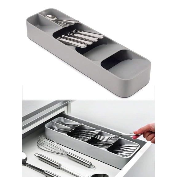 Kitchen Drawer Cutlery Organizer and Compact Space Saving Tray for Flatware, Silverware, and Utensils, Stackable Drawer Store Divider for Kitchen Organization and Storage, Gray
