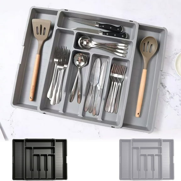 Kitchen Drawer Organizer Expandable Cutlery Tray | Adjustable Silverware Holder Polypropylene Gray Black | Compartmentalized Flatware Caddy | 21.65x15.75x1.97in | 1Pc | Rounded Edge | Easy Clean