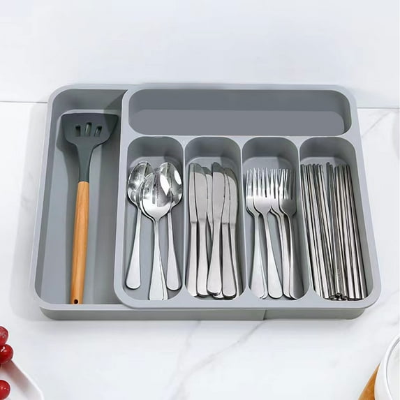 Kitchen Drawer Organizer Plastic Cutlery Tray | Silverware Storage Box for Spoons, Knives, Forks | Partitioned, Detachable, Easy-Clean Gray | 12.8"x13.6"x2.1" | Space-Saving Kitchen Solution