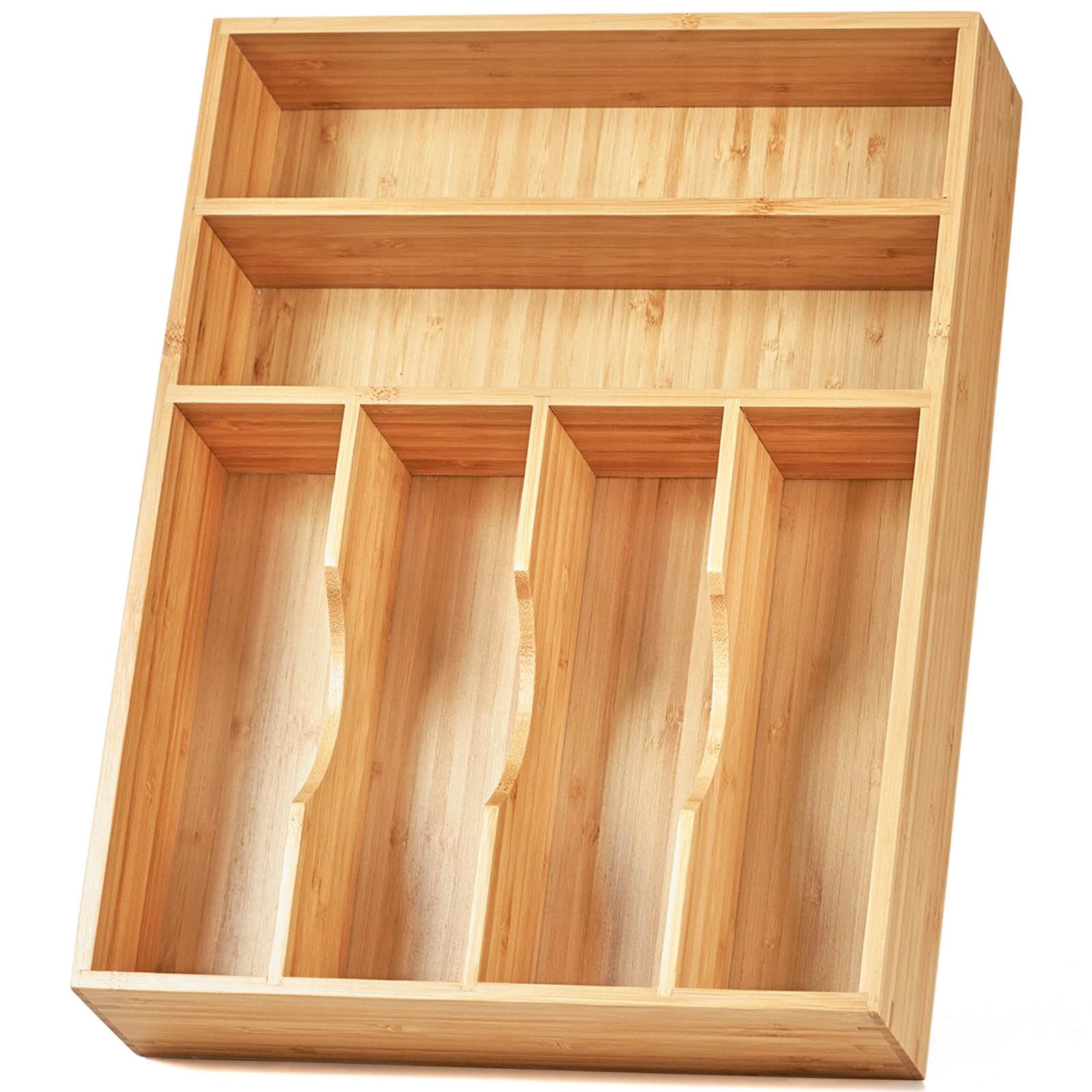 Kitchen Drawer Organizer Utensil Tray Holder, Extra Deep Bamboo Wood Caddy with Non-Slip Feet and Grooved Divider, 7 Slots for Flatware Cutlery Knives