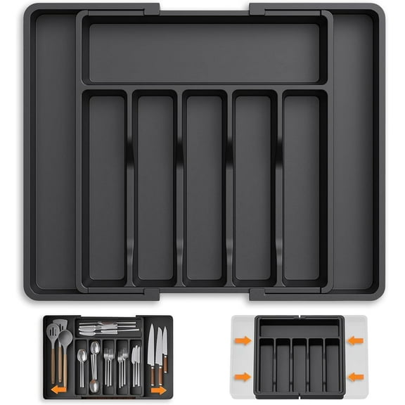Behome Kitchen Drawer Organizer, Space-Saving 8 Storage Compartments Holds Silverware, Expandable Utensil Tray for the Kitchen, Anti Slip Design, Flexible Size, Black