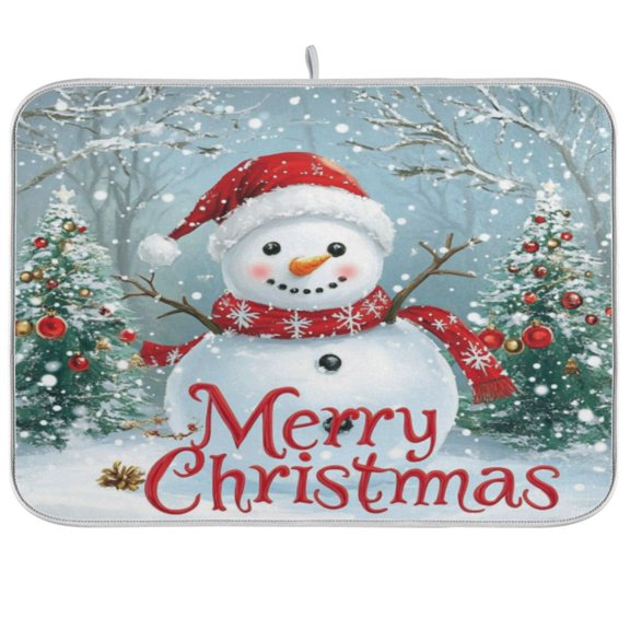 Kitchen Drying Mat 16x18In Drying Dish Mat Dish Drying Mats Kitchen Countertop Multi-Function Drain Drying Mat Kitchen Table Merry Christmas Snowman Picture
