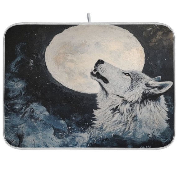 Kitchen Drying Mat 16x18In Drying Dish Mat Dish Drying Mats Kitchen Countertop Multi-Function Drain Drying Mat Kitchen Table White Wolf under The Moon