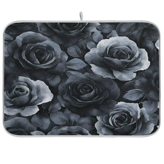 Kitchen Drying Mat 16x18In Drying Dish Mat Dish Drying Mats Kitchen Countertop Multi-Function Drain Drying Mat Kitchen Table Black Flowers