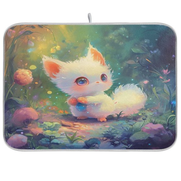 Kitchen Drying Mat 16x18In Drying Dish Mat Dish Drying Mats Kitchen Countertop Multi-Function Drain Drying Mat Kitchen Table Cartoon Beautiful White Fox
