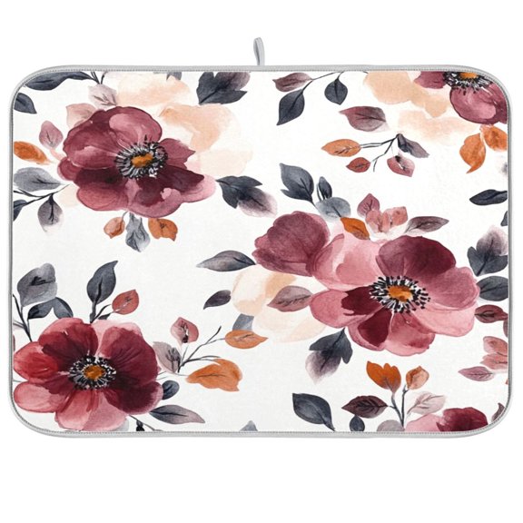 Kitchen Drying Mat 16x18In Drying Dish Mat Dish Drying Mats Kitchen Countertop Multi-Function Drain Drying Mat Kitchen Table Cartoon Maroon Flowers Seamless