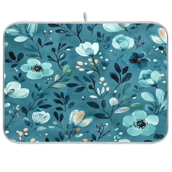 Kitchen Drying Mat 16x18In Drying Dish Mat Dish Drying Mats Kitchen Countertop Multi-Function Drain Drying Mat Kitchen Table Cartoon Teal Flowers Seamless