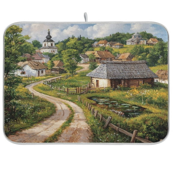 Kitchen Drying Mat 16x18In Drying Dish Mat Dish Drying Mats Kitchen Countertop Multi-Function Drain Drying Mat Kitchen Table Cartoon Village