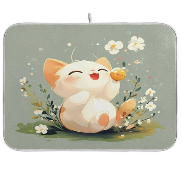 Kitchen Drying Mat 16x18In Drying Dish Mat Dish Drying Mats Kitchen Countertop Multi-Function Drain Drying Mat Kitchen Table Cat Smile
