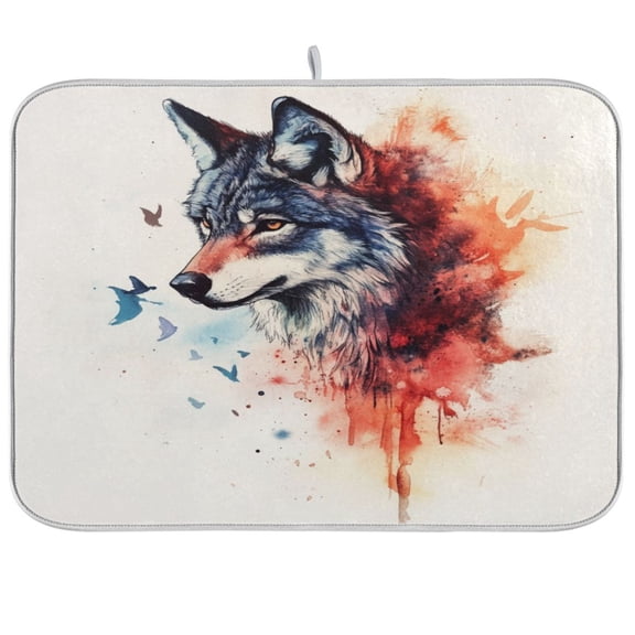 Kitchen Drying Mat 16x18In Drying Dish Mat Dish Drying Mats Kitchen Countertop Multi-Function Drain Drying Mat Kitchen Table Gray Watercolor Cartoon Wolf