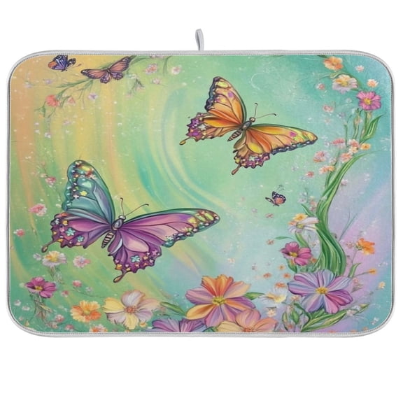 Kitchen Drying Mat 16x18In Drying Dish Mat Dish Drying Mats Kitchen Countertop Multi-Function Drain Drying Mat Kitchen Table Light Green Rainbow Butterfly