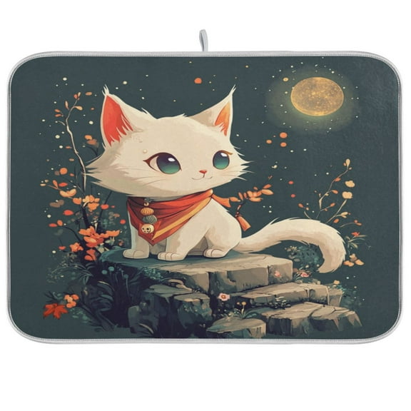 Kitchen Drying Mat 16x18In Drying Dish Mat Dish Drying Mats Kitchen Countertop Multi-Function Drain Drying Mat Kitchen Table Moon Cat