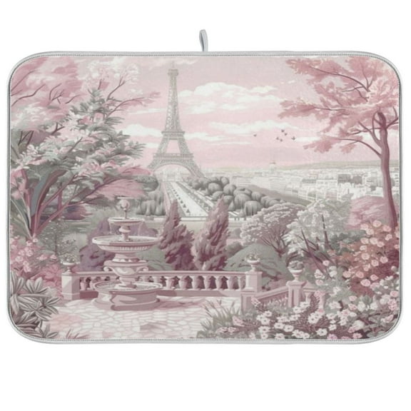 Kitchen Drying Mat 16x18In Drying Dish Mat Dish Drying Mats Kitchen Countertop Multi-Function Drain Drying Mat Kitchen Table Pink Flowers and The Eiffel Tower