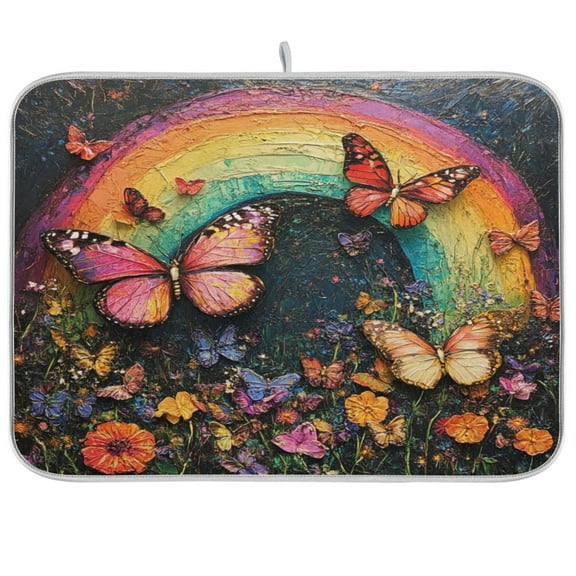 Kitchen Drying Mat 16x18In Drying Dish Mat Dish Drying Mats Kitchen Countertop Multi-Function Drain Drying Mat Kitchen Table Rainbow Butterfly