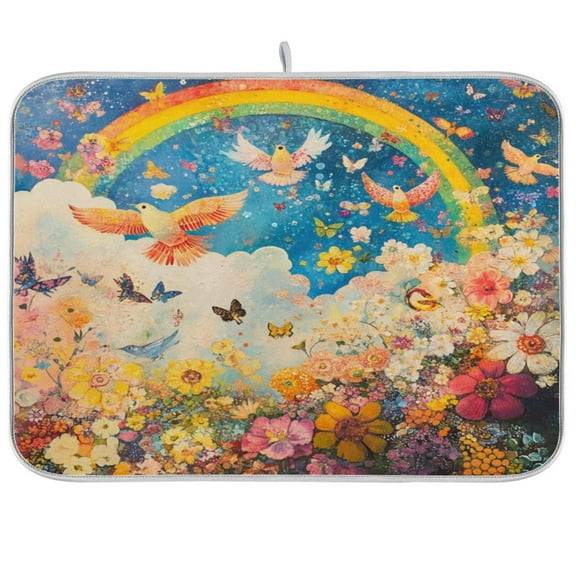Kitchen Drying Mat 16x18In Drying Dish Mat Dish Drying Mats Kitchen Countertop Multi-Function Drain Drying Mat Kitchen Table Rainbow Dove