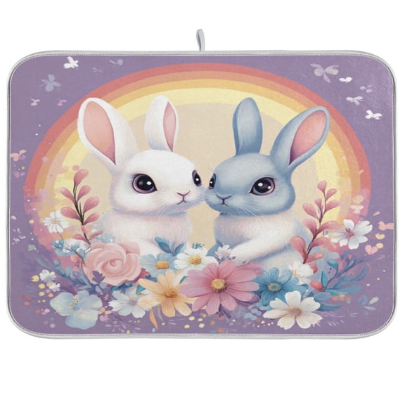Kitchen Drying Mat 16x18In Drying Dish Mat Dish Drying Mats Kitchen Countertop Multi-Function Drain Drying Mat Kitchen Table Rainbow Two Cute Rabbits