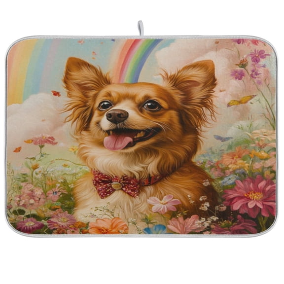 Kitchen Drying Mat 16x18In Drying Dish Mat Dish Drying Mats Kitchen Countertop Multi-Function Drain Drying Mat Kitchen Table Rainbow Yellow Dog
