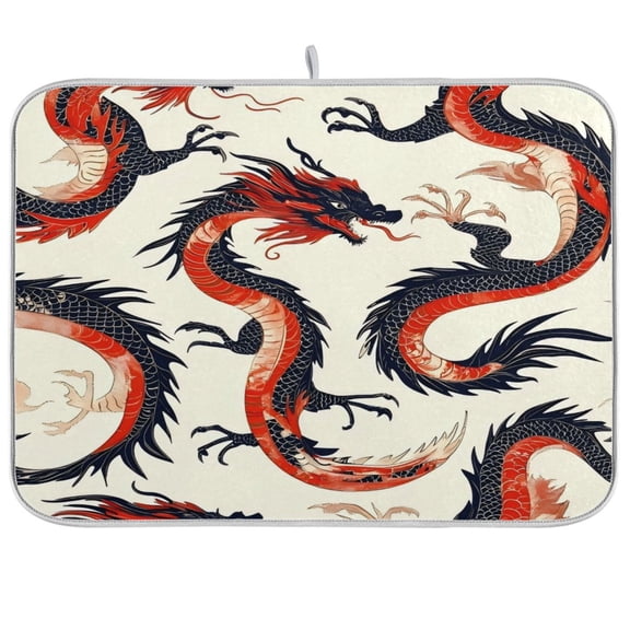 Kitchen Drying Mat 16x18In Drying Dish Mat Dish Drying Mats Kitchen Countertop Multi-Function Drain Drying Mat Kitchen Table Red Dragon