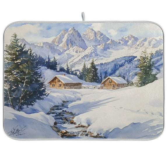 Kitchen Drying Mat 16x18In Drying Dish Mat Dish Drying Mats Kitchen Countertop Multi-Function Drain Drying Mat Kitchen Table Snow Scene