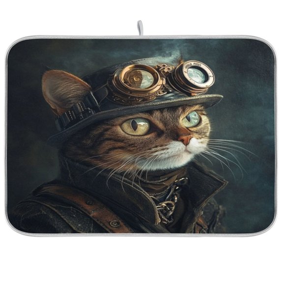 Kitchen Drying Mat 16x18In Drying Dish Mat Dish Drying Mats Kitchen Countertop Multi-Function Drain Drying Mat Kitchen Table Steampunk Cute Cat