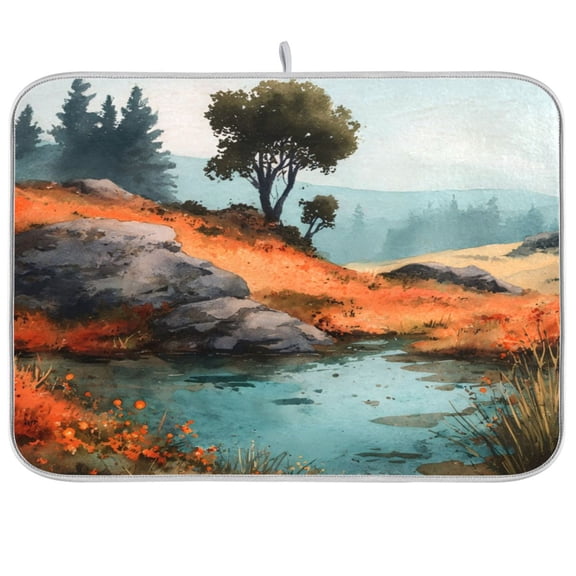 Kitchen Drying Mat 16x18In Drying Dish Mat Dish Drying Mats Kitchen Countertop Multi-Function Drain Drying Mat Kitchen Table Watercolor Tree