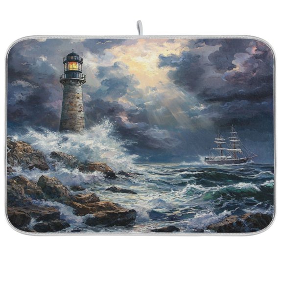 Kitchen Drying Mat 16x18In Drying Dish Mat Dish Drying Mats Kitchen Countertop Multi-Function Drain Drying Mat Kitchen Table Wave Lighthouse
