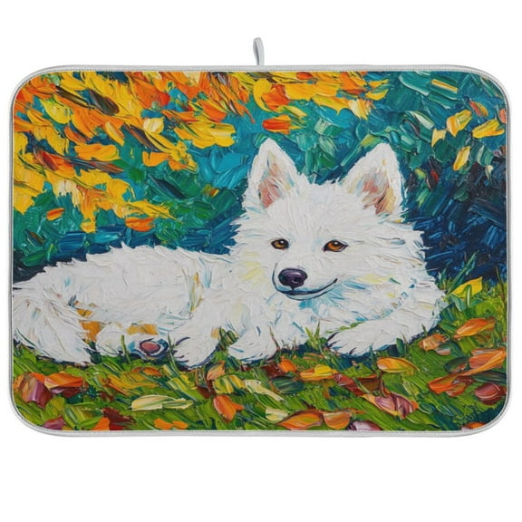 Kitchen Drying Mat 16x18In Drying Dish Mat Dish Drying Mats Kitchen Countertop Multi-Function Drain Drying Mat Kitchen Table White Dog