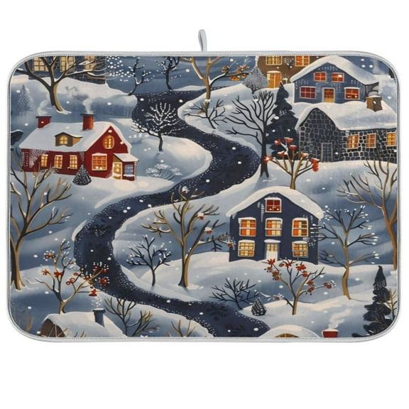 Kitchen Drying Mat 16x18In Drying Dish Mat Dish Drying Mats Kitchen Countertop Multi-Function Drain Drying Mat Kitchen Table Winter Town