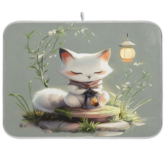 Kitchen Drying Mat 18x24In Drying Dish Mat Dish Drying Mats Kitchen Countertop Multi-Function Drain Drying Mat Kitchen Table White Cartoon Fox