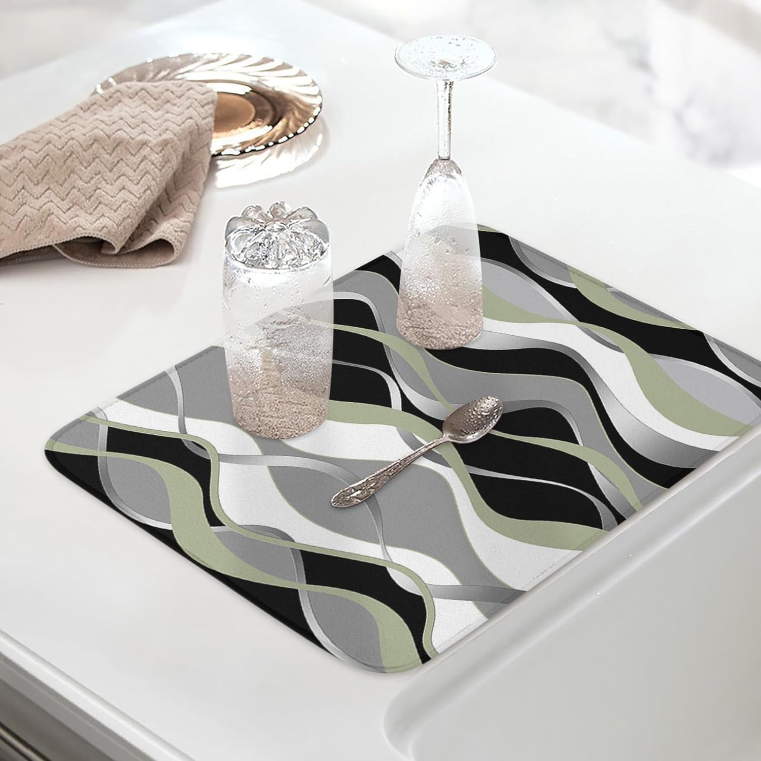 Kitchen Drying Mat for Counter 3D Abstract Lines on Black Nosbei Dish
