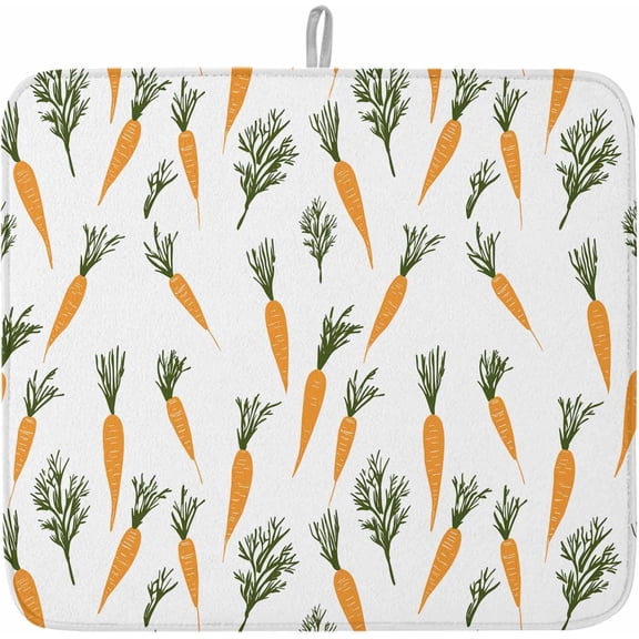 Kitchen Drying Mat for Counter Carrots Seamless Spring Easter Absorbent Dish Mats Foldable Microfiber Drainer Pad Farm Vegetables White Plate Holder Mat for Countertop Sink Decor