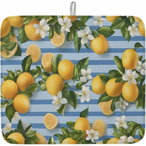 Kitchen Drying Mat for Counter Summer Lemon Flower Green Leaves Absorbent Dish Mats Foldable Microfiber Drainer Pad Blue Gradient Stripes Plate Holder Mat for Countertop Sink Decor