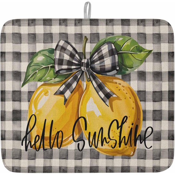 Kitchen Drying Mat for Counter Summer Lemon Leaf Sunshine Quote Absorbent Dish Mats Foldable Microfiber Drainer Pad Black Buffalo Checker Plate Holder Mat for Countertop Sink Decor