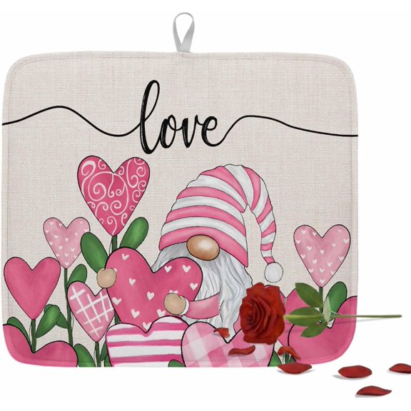 Kitchen Drying Mat for Counter Valentine''s Day Gnome with Heart Plant Absorbent Dish Mats Foldable Microfiber Drainer Pad Love Quote Pink on Linen Plate Holder Mat for Countertop Sink Decor