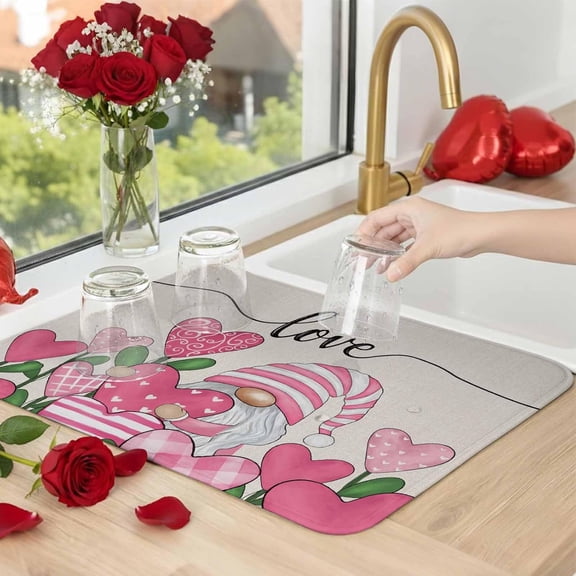 Kitchen Drying Mat for Counter Valentine''s Day Gnome with Heart Plant Absorbent Dish Mats Foldable Microfiber Drainer Pad Love Quote Pink on Linen Plate Holder Mat for Countertop Sink Decor