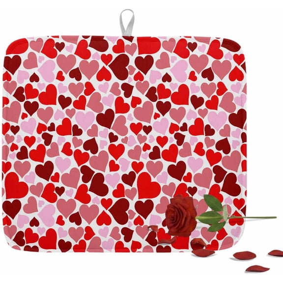 Kitchen Drying Mat for Counter Valentine''s Day Love Heart Shape Absorbent Dish Mats Foldable Microfiber Drainer Pad Red Pink Love Plate Holder Mat for Countertop Sink Decor