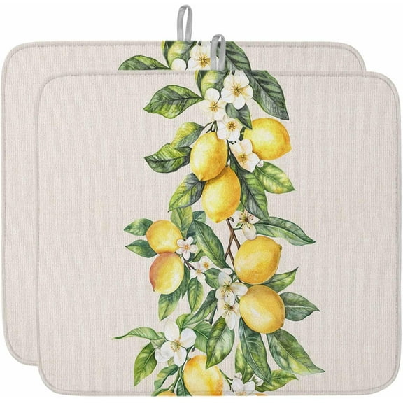 Kitchen Drying Mat for Counter Watercolor Lemon Green Leaves on Linen Absorbent Dish Mats Foldable Microfiber Drainer Pad Summer Fruit Plate Holder Mat for Countertop Sink Decor