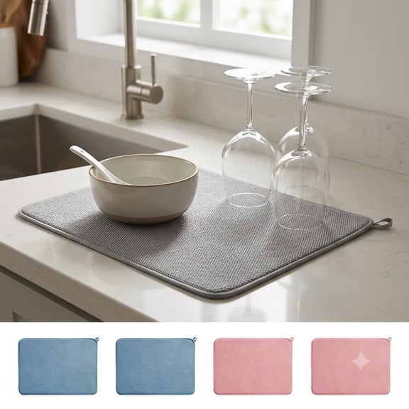 Kitchen Drying Mat, Heat Resistant Microfiber Material Dish Drainage Pad Countertop Protector Insulation Absorbent Surface Quick Dry Sink Tableware Cushion Mat, Pink 11.81x15.75in