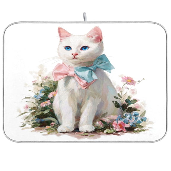 Kitchen Drying Mat Kitchen Drying Pad 16x18In Drying Dish Mat Dish Drying Mats Kitchen Countertop Multi-Function Drain Drying Mat A Cute White Cat