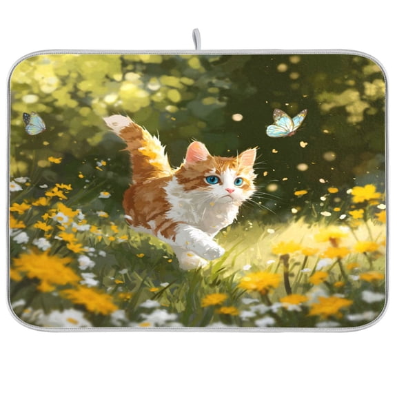 Kitchen Drying Mat Kitchen Drying Pad 16x18In Drying Dish Mat Dish Drying Mats Kitchen Countertop Multi-Function Drain Drying Mat A Small Cat