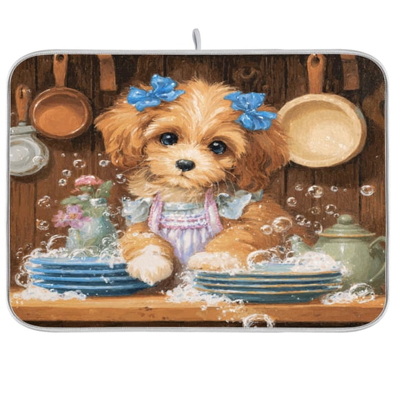 Kitchen Drying Mat Kitchen Drying Pad 16x18In Drying Dish Mat Dish Drying Mats Kitchen Countertop Multi-Function Drain Drying Mat Adorable Puppy Apron